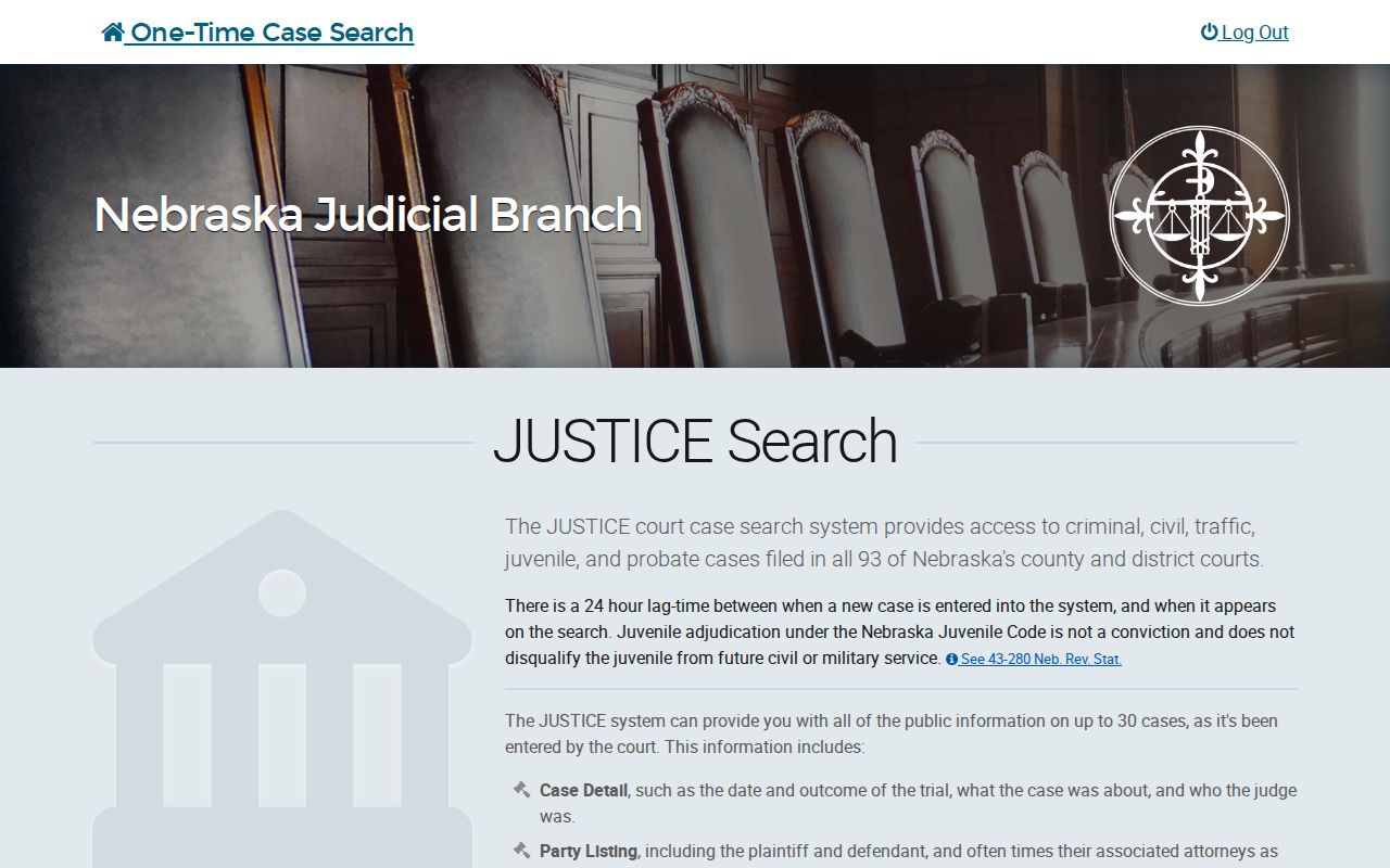 Kearney County case lookup JUSTICE one-time search terms and fee notice