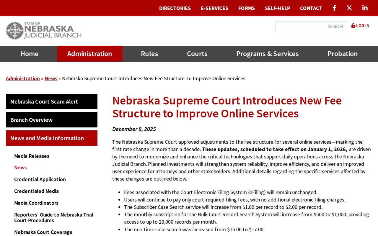Kearney County case lookup Nebraska Judicial Branch online service fee update